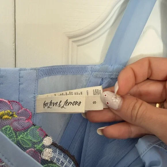 Blue Floral Embroidered Corset Top – Lace Trim Ribbon Tie Cami - Picture 6 of 9